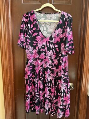 torrid Black Dress with Pink Floral Print - V-Neck Midi with pockets.
